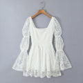 Lace Stitching Elegant Lady Lotus Rhizome Node Solid Color Dress Short Dress