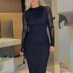 Long dress Socialite Elegant Slim Fit Mesh Sleeves Solid Color