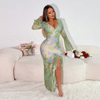 Maxi Dress Elegant Slim Print Irregular Asymmetric Hem