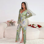 Maxi Dress Elegant Slim Print Irregular Asymmetric Hem