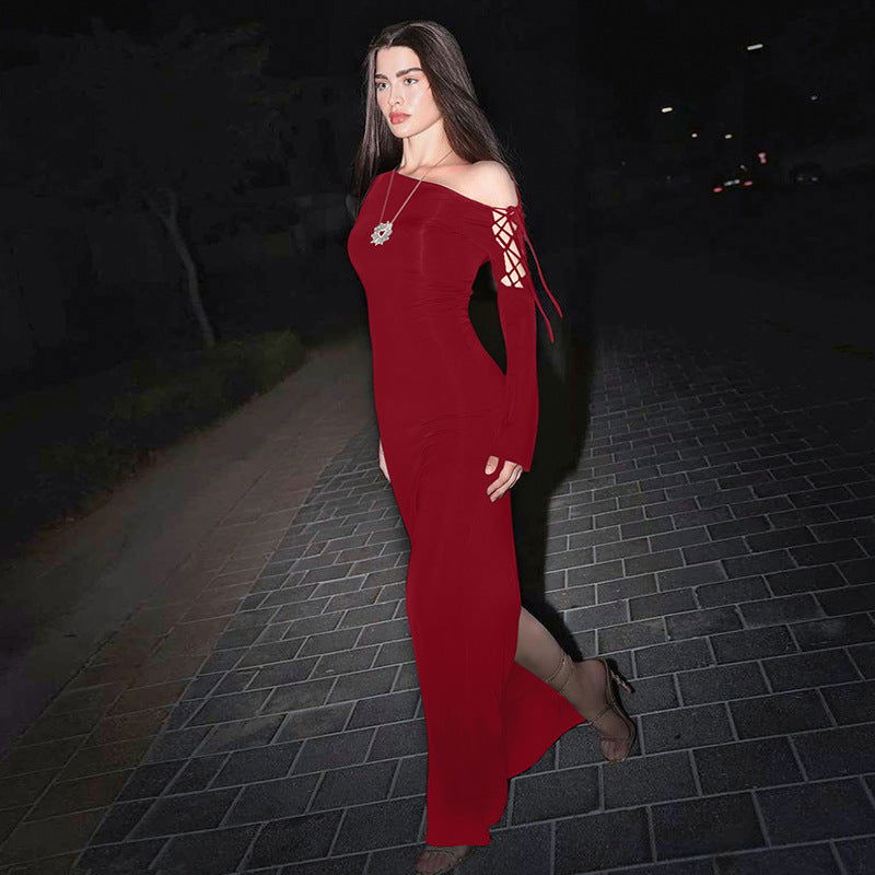 Maxi Dress Solid Color One Shoulder Cold Shoulder Slim Sheath Dress
