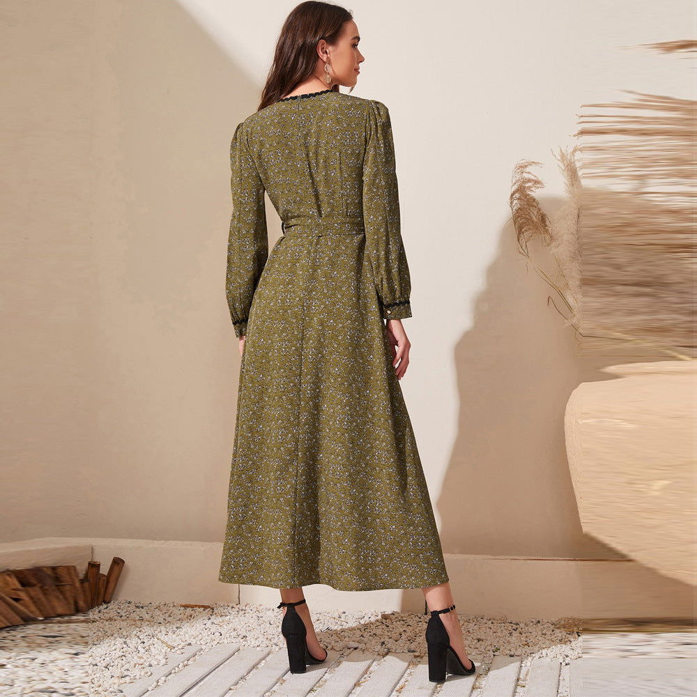 Round Neck Long Sleeve Printed Dress Office Dress