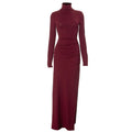 Solid Color Half High Collar Long Sleeves Slit Slim Fit Long Dress