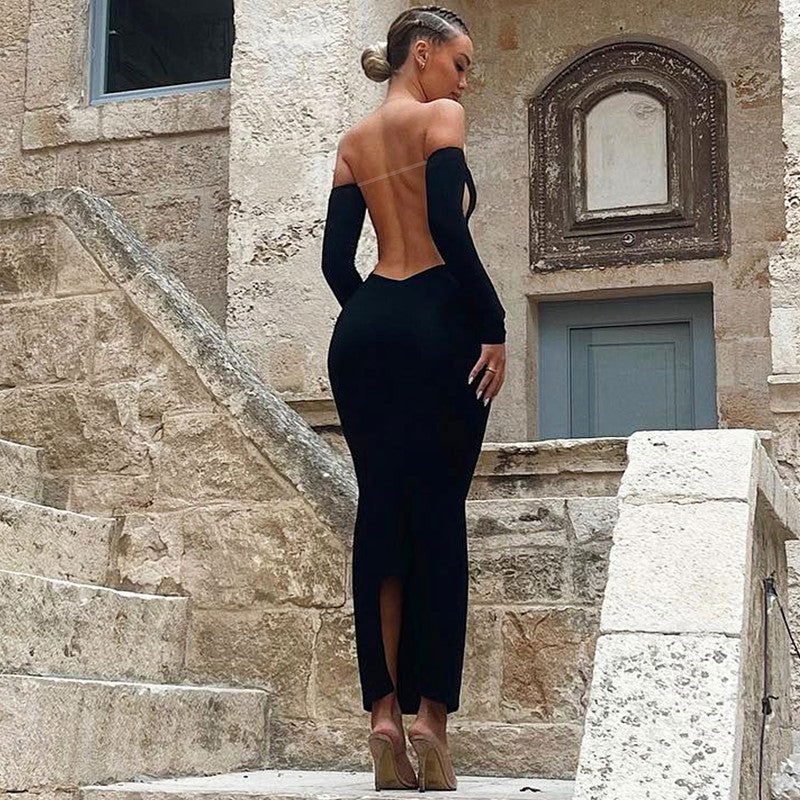Solid Color Long Sleeve Tube Top Dress Backless Slim Fit Dress