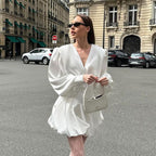 White V Neck Lantern Sleeve Pettidress Casual Dress Satin Dress