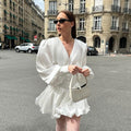 White V Neck Lantern Sleeve Pettidress Casual Dress Satin Dress