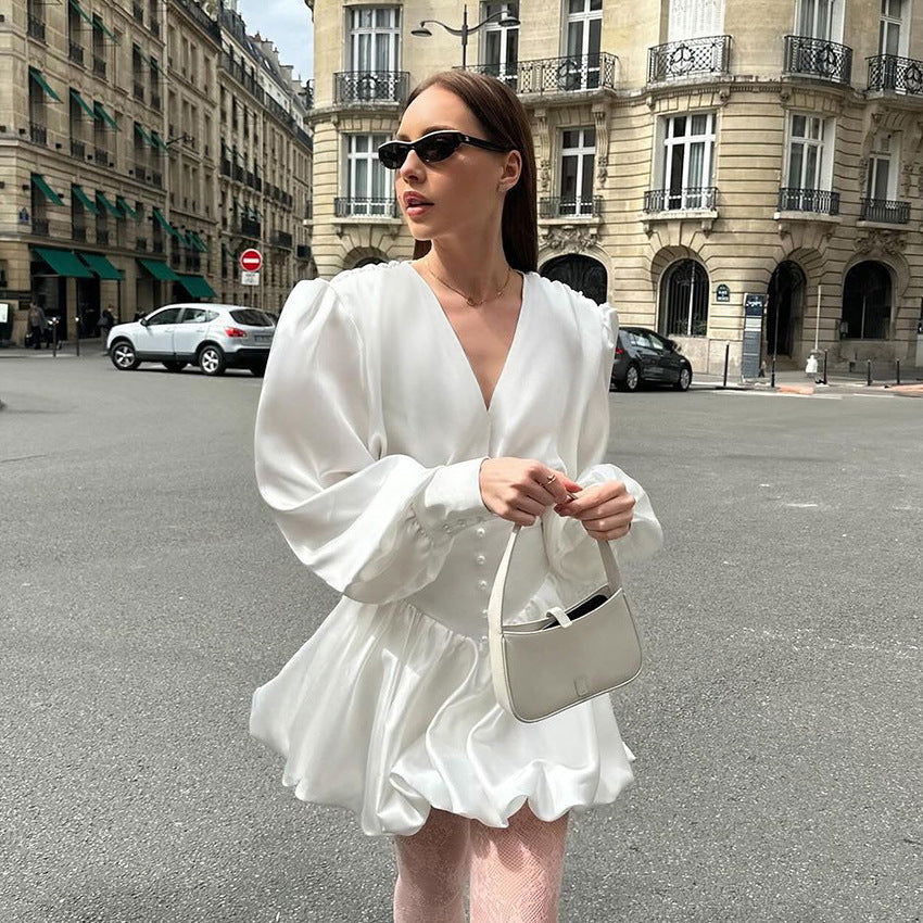 White V Neck Lantern Sleeve Pettidress Casual Dress Satin Dress