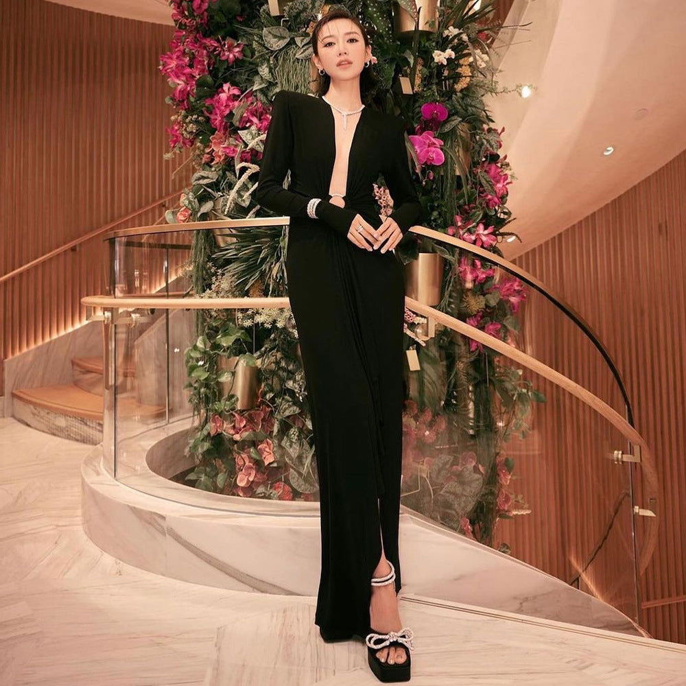Black Long Sleeve Ring V neck Dress White Red Christmas Dress