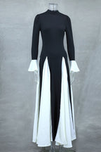 Black White Contrast Color Elegant Ruffle Long Sleeve Big Hem Dress