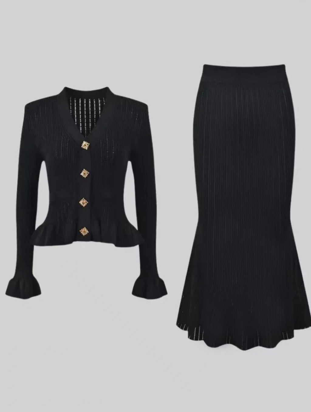 Classic Ruffled V neck Hip Small Fishtail with dress Set