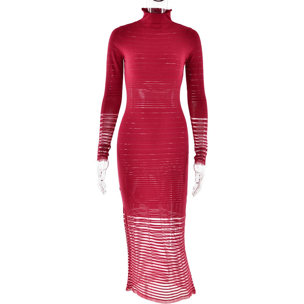 Dress Knitted Long Sleeved Slim Striped See through Dress