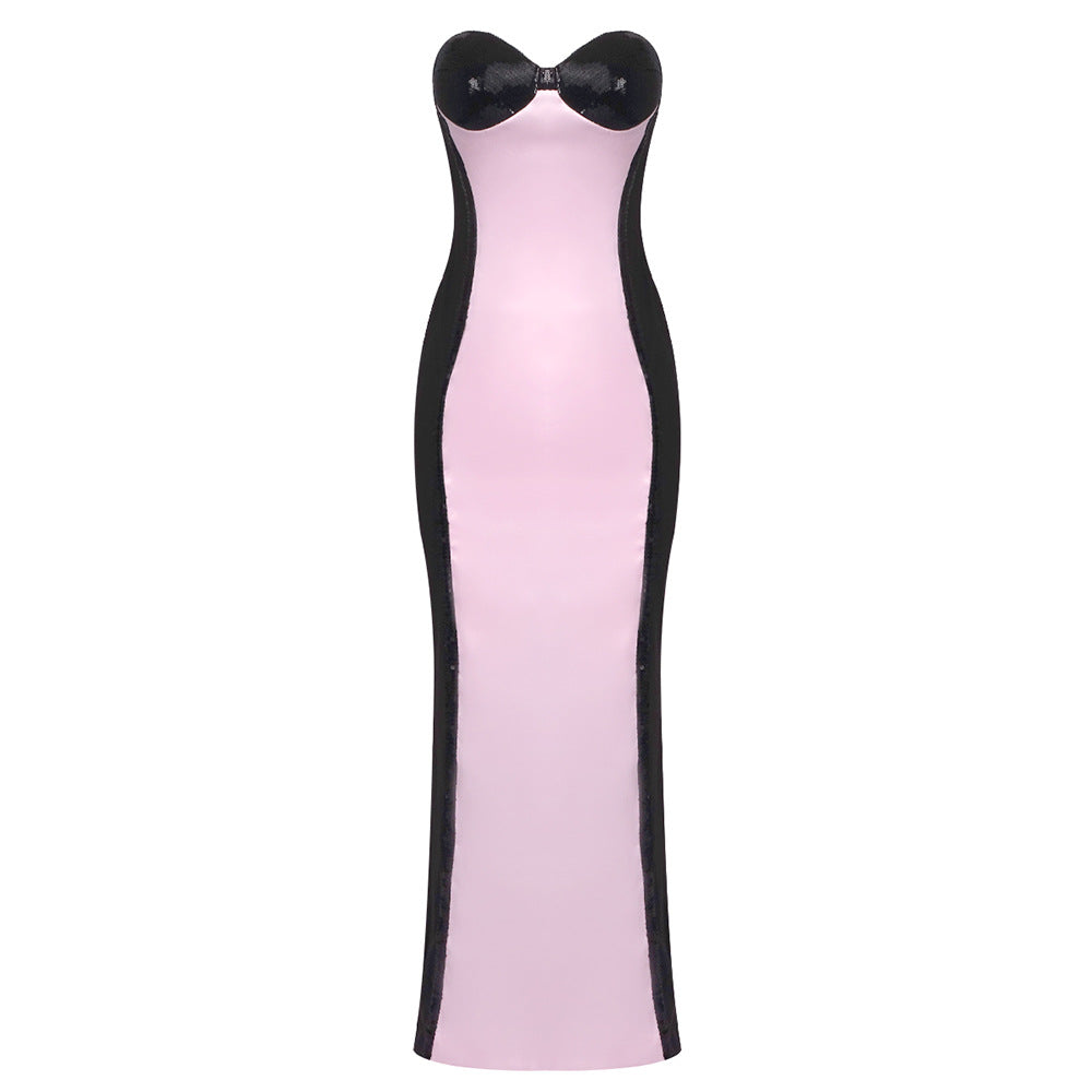 Pink Satin Sequin Ladies Formal Dress Tube Top Elegant