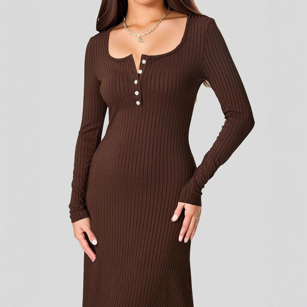 Button Square Collar Long Sleeve Elegant Wide Hem Maxi Dress