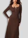 Button Square Collar Long Sleeve Elegant Wide Hem Maxi Dress