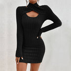 Cutout Sheath Mini Dress Sunken Stripe Long Sleeve Dress