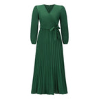 V neck Long Sleeve Pleated A line Mid Length Dress