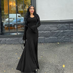 round Neck Waist Trimming Flared Long Sleeve Dress Elegant Fishtail Solid Color Dress
