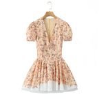 Positioning Printed V Neck Waist Tight Petti dress Holiday Dress