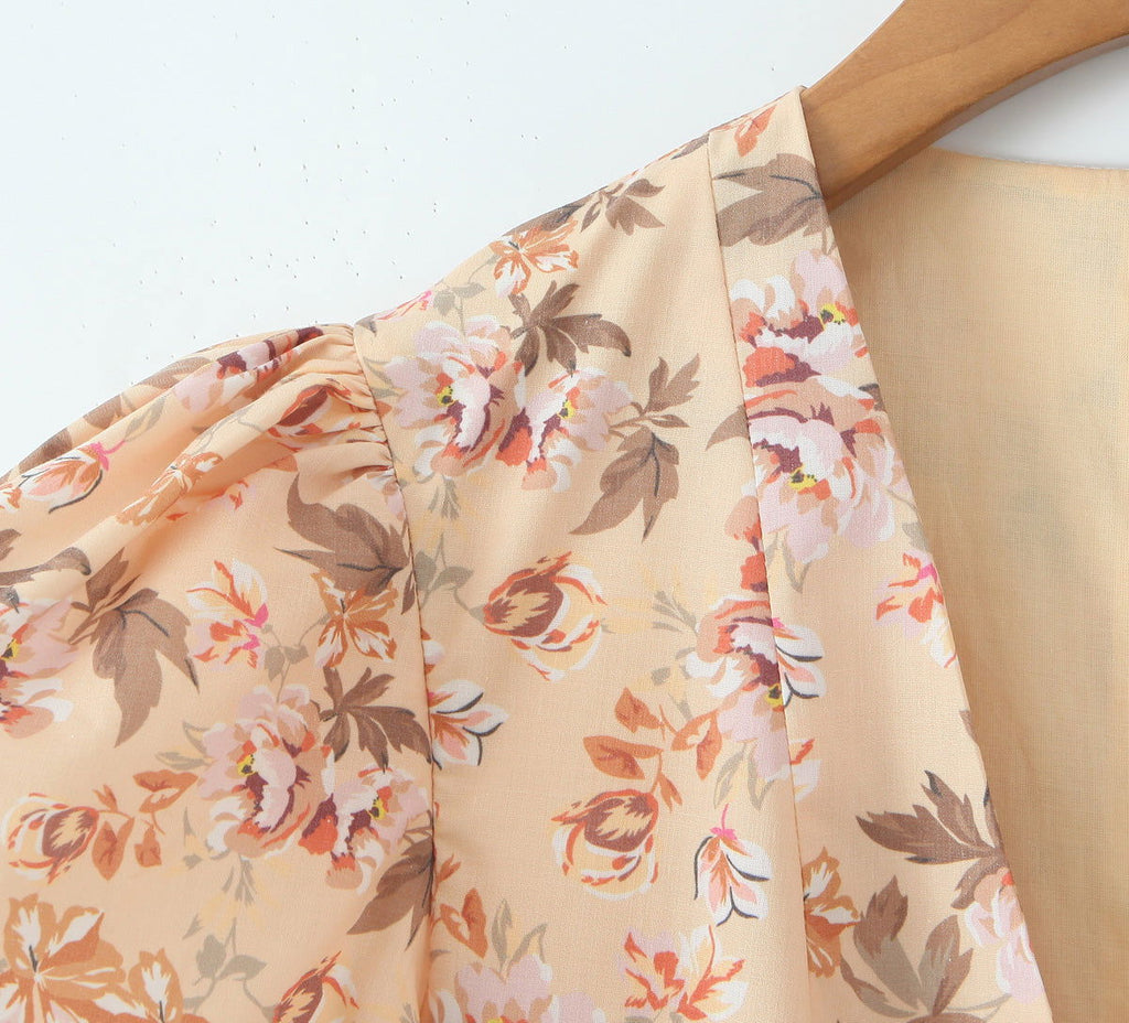 Positioning Printed V Neck Waist Tight Petti dress Holiday Dress