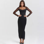 Mesh Long Sleeve Boning Corset Slim Hip Bag Slit Midi Black Dress