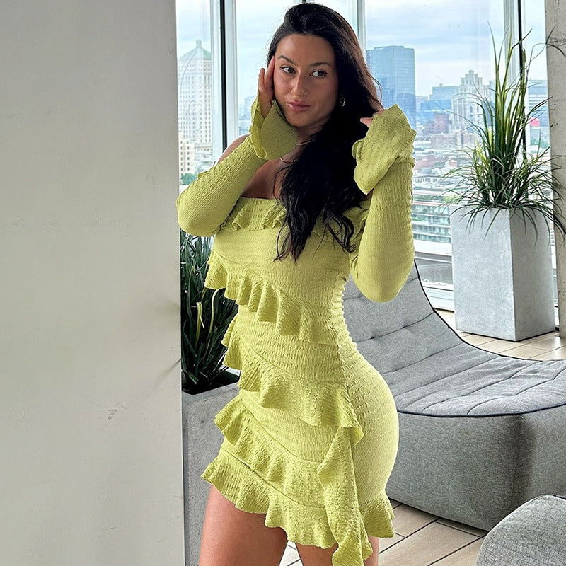 off Shoulder Ruffled Bell Sleeve Ribbon Dress