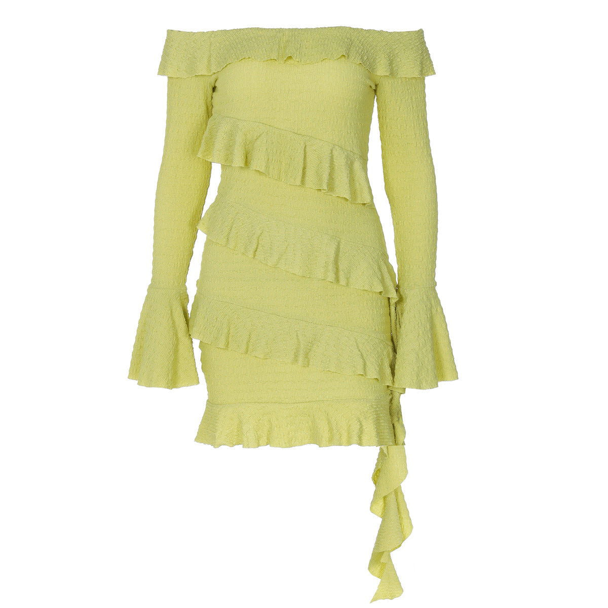 off Shoulder Ruffled Bell Sleeve Ribbon Dress