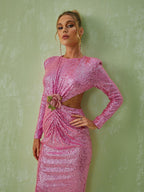 Aviva Long Sleeve Cutout Sequin Maxi Dress In Pink