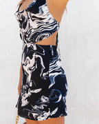 Ayesha Satin Marble Print Mini Dress Navy
