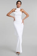 Hilia White Floral Ruched Halter Maxi Dress
