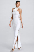 Hilia White Floral Ruched Halter Maxi Dress