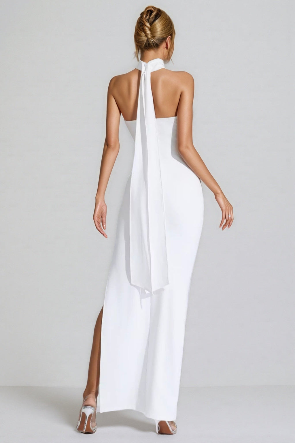 Hilia White Floral Ruched Halter Maxi Dress