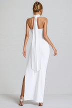 Hilia White Floral Ruched Halter Maxi Dress