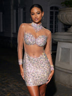 Azami Mesh Crystal Mini Dress In Silver