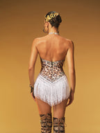 Halterneck Rhinestone Fringe Leopard Bodysuit In White