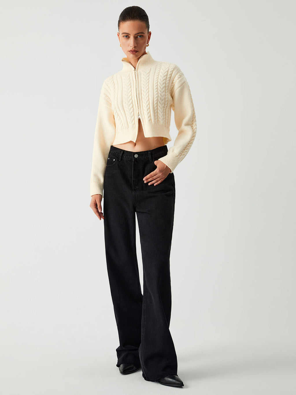 Cable Knit Two Way Zip Crop Cardigan