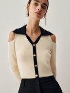 Colorblock Open Collar Cutout Crop Long Sleeve Top