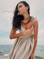 Backless Cotton Linen Lace Up Midi Dress