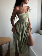 Backless Cotton Linen Lace Up Midi Dress