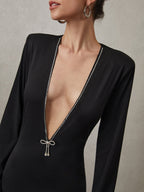 Blanca Boutique Sparkling V Neck Short Dress with Rhinestone Bow Collection