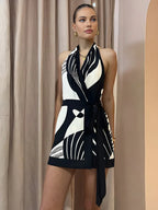 Contrast Color Print Halter Belted Short Dress