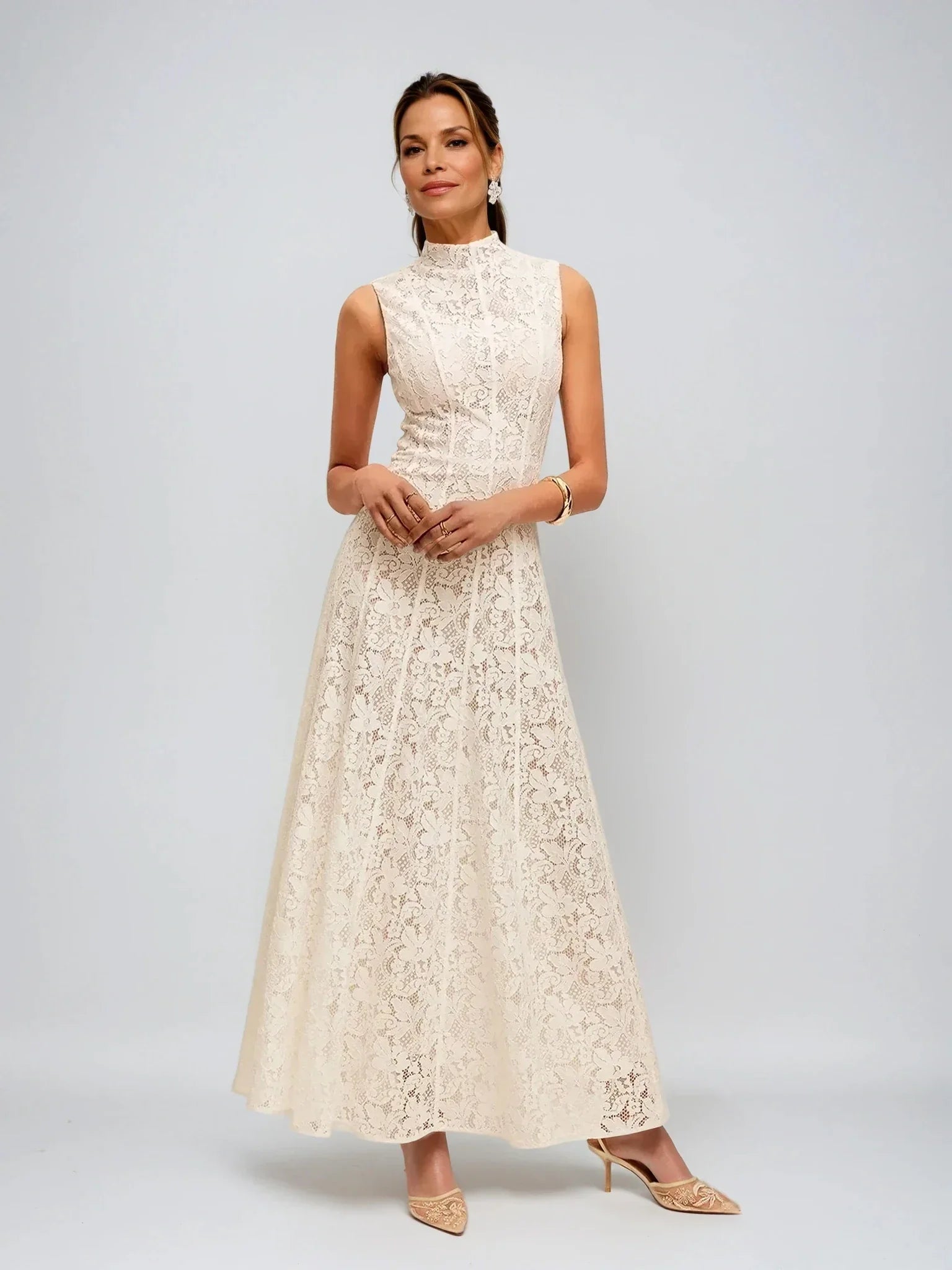 Half Turtleneck Sleeveless Semi-Sheer Lace Dress