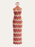 Color Block Halter Knotted Split Sweater Dress