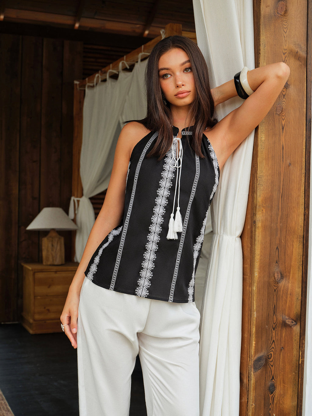 Embroidered Halter Tie-Neck Top