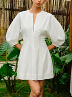 Cotton-Linen Blend V-Neck Puff Sleeve Dress