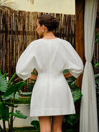 Cotton-Linen Blend V-Neck Puff Sleeve Dress