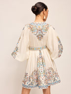 Boho Belted V-Neck Dress With Balloon Sleeves