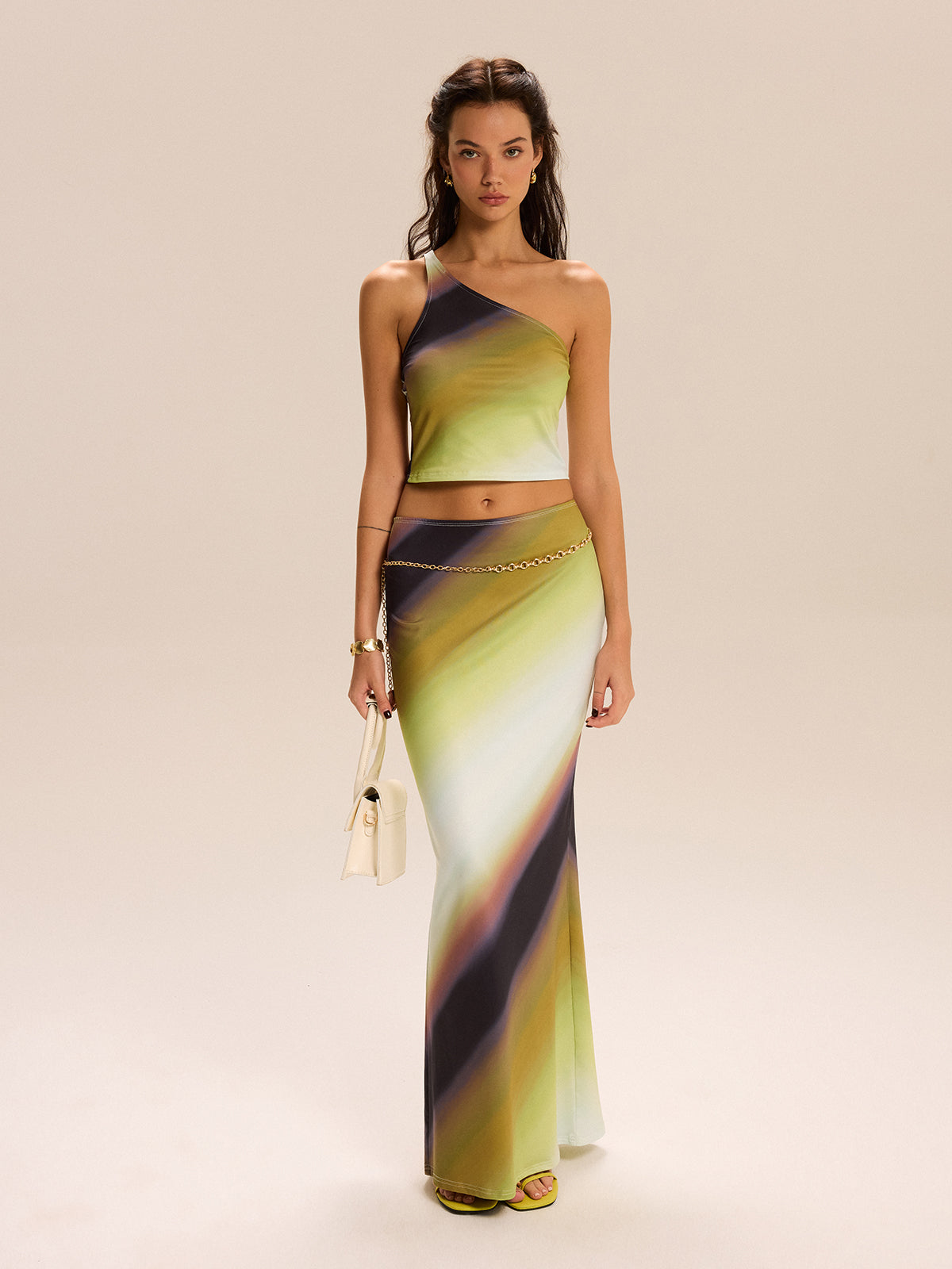 Gradient Print One-Shoulder Skirt Set
