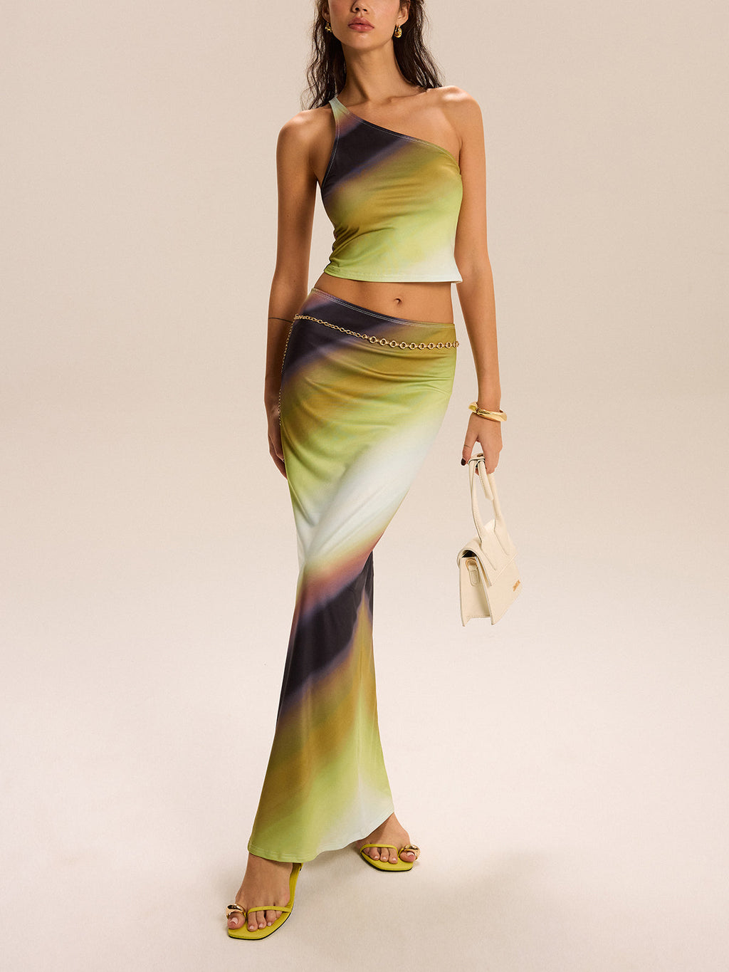Gradient Print One-Shoulder Skirt Set