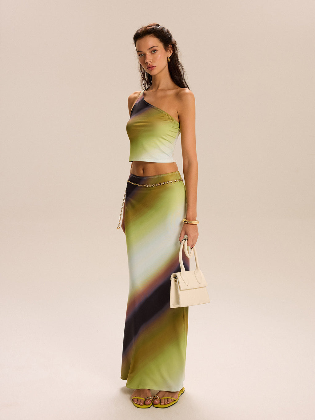 Gradient Print One-Shoulder Skirt Set
