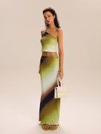 Gradient Print One-Shoulder Skirt Set